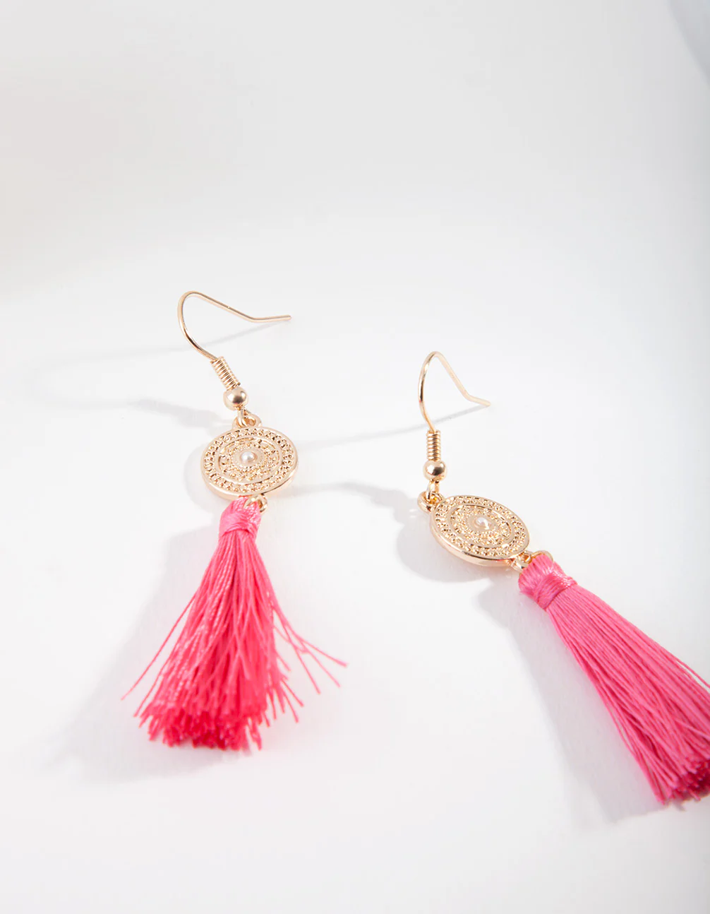 Gold Disc Pink  Tassel Drop Earrings - Image 2
