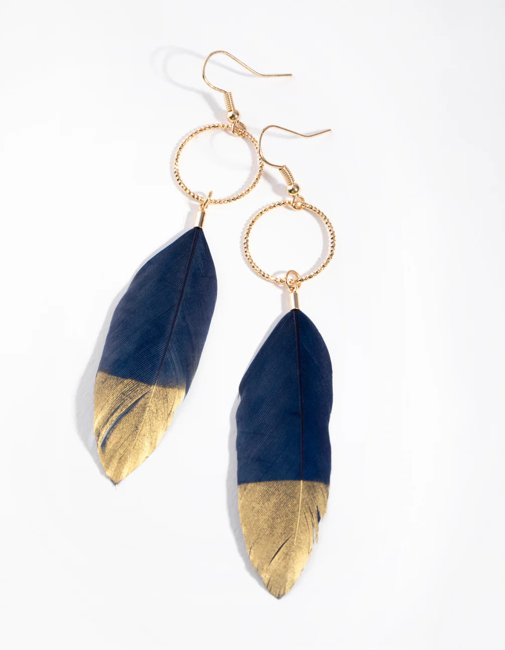 Gold Feather Circle Drop Earrings - Image 2