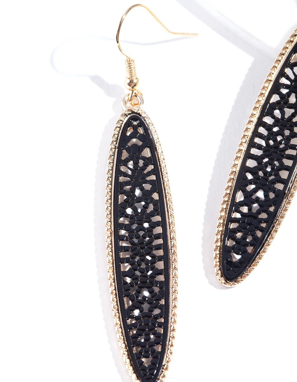 Shiny Gold Thin Oval Drop Earrings - Image 2