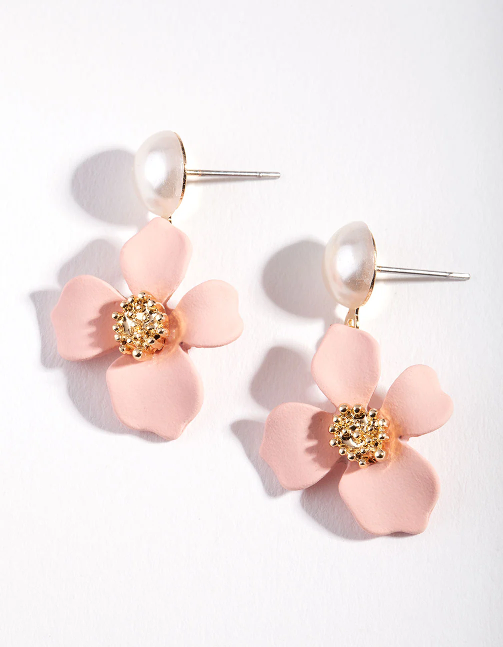 Gold Matte Pink Flower Drop Earrings - Image 2