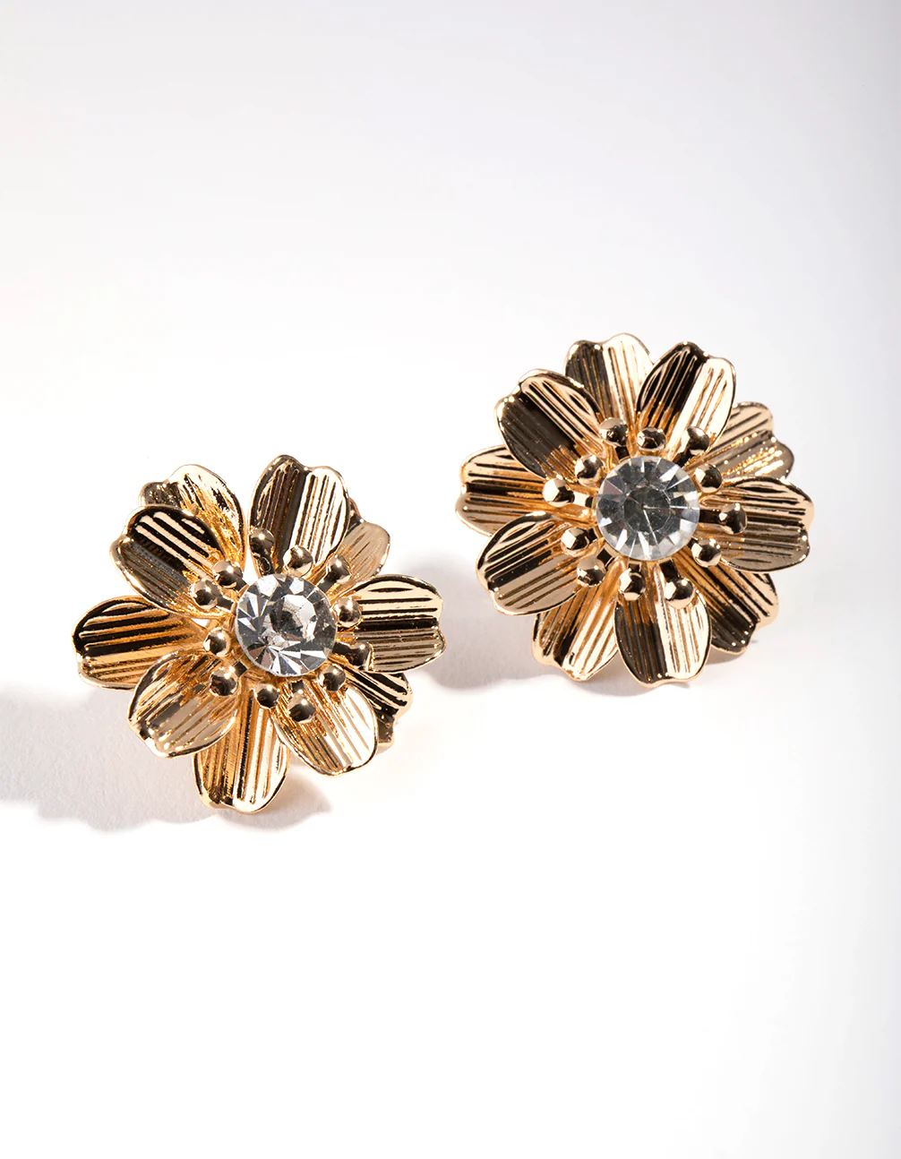 Gold Diamante Centre Flower Stud Earrings - Image 2