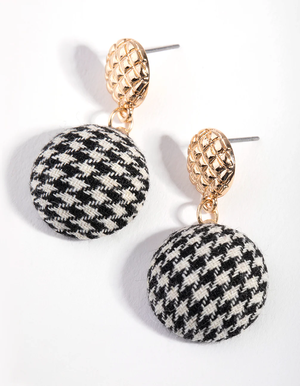 Gold Fabric Houndstooth Dome Drop Earrings - Image 2
