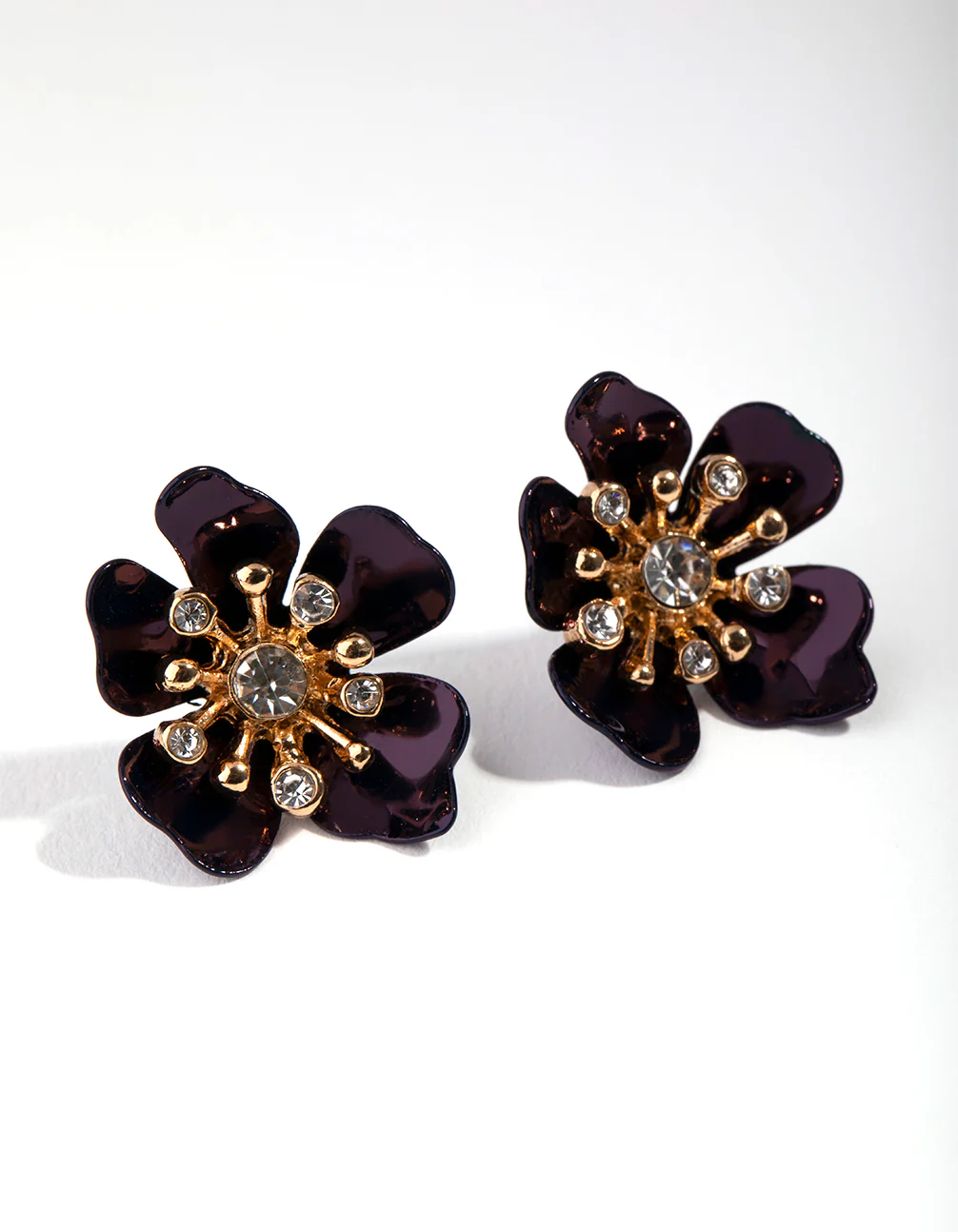 Gold Metal & Diamante Flower Stud Earrings - Image 2
