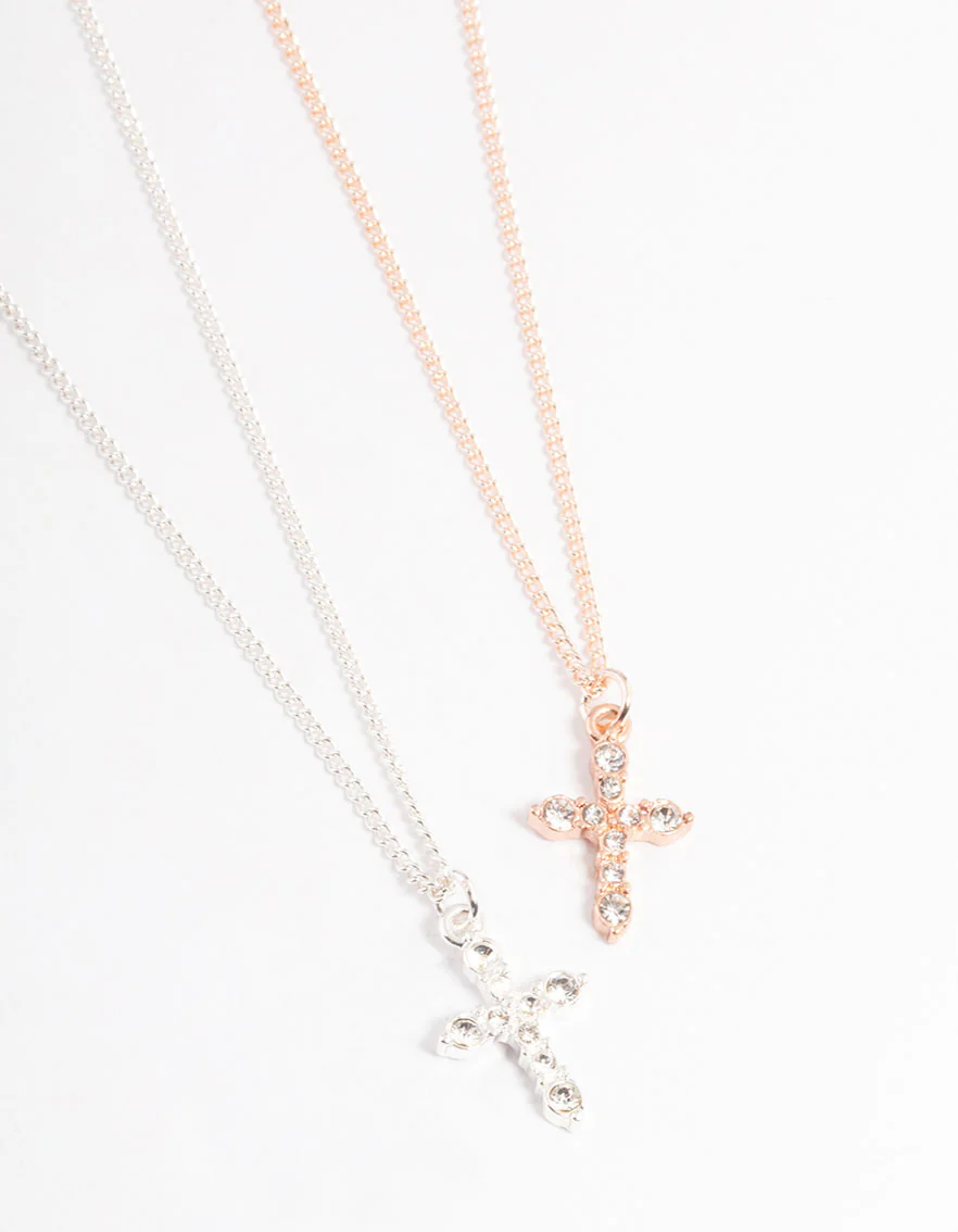 Mixed Metal Classic Diamante Cross Necklace Pack - Image 2