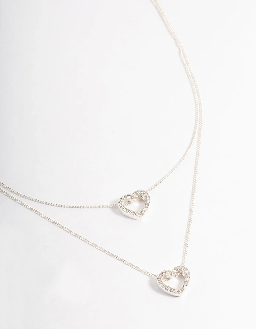 Silver Double Diamante Open Heart Necklace - Image 2