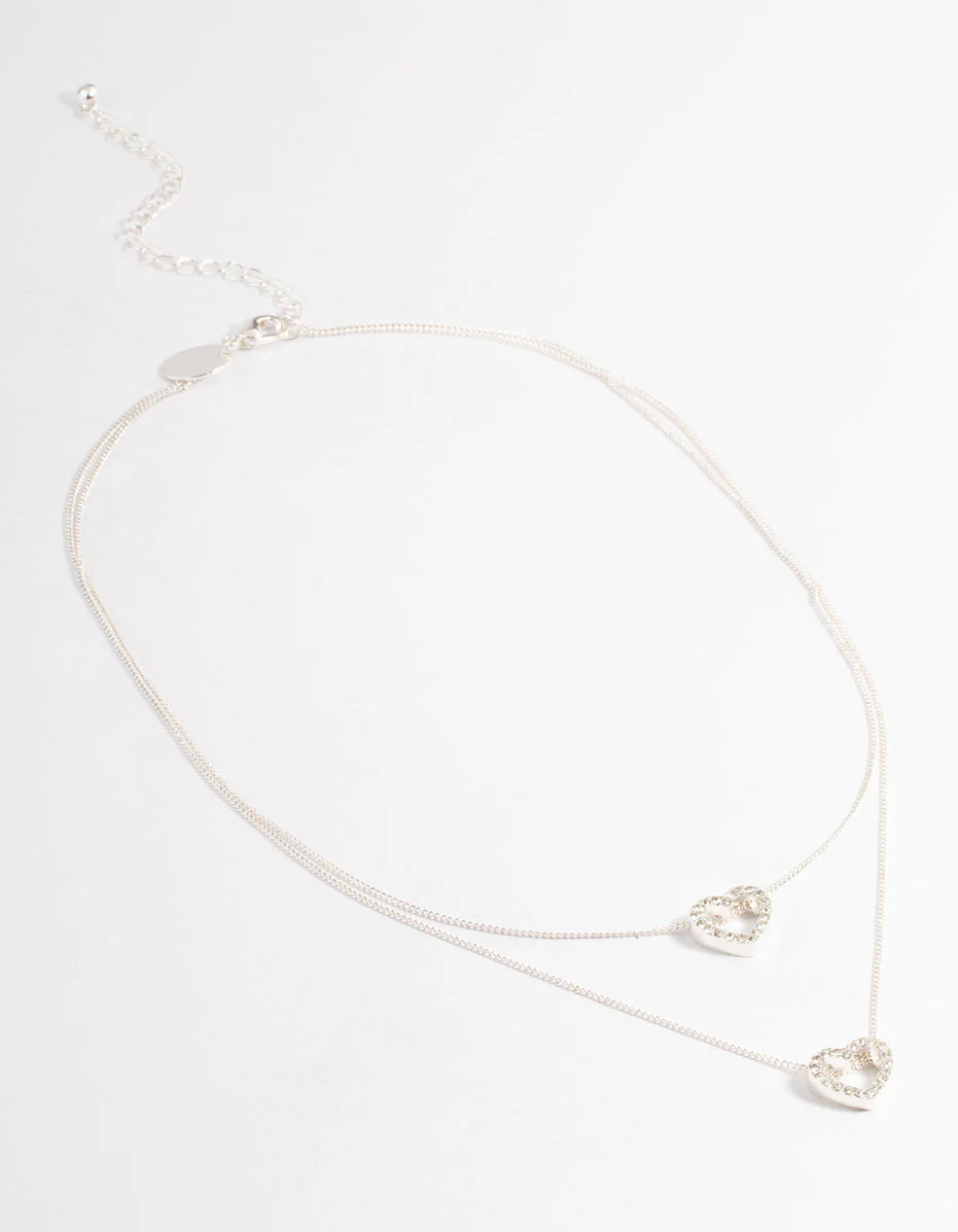 Silver Double Diamante Open Heart Necklace - Image 3