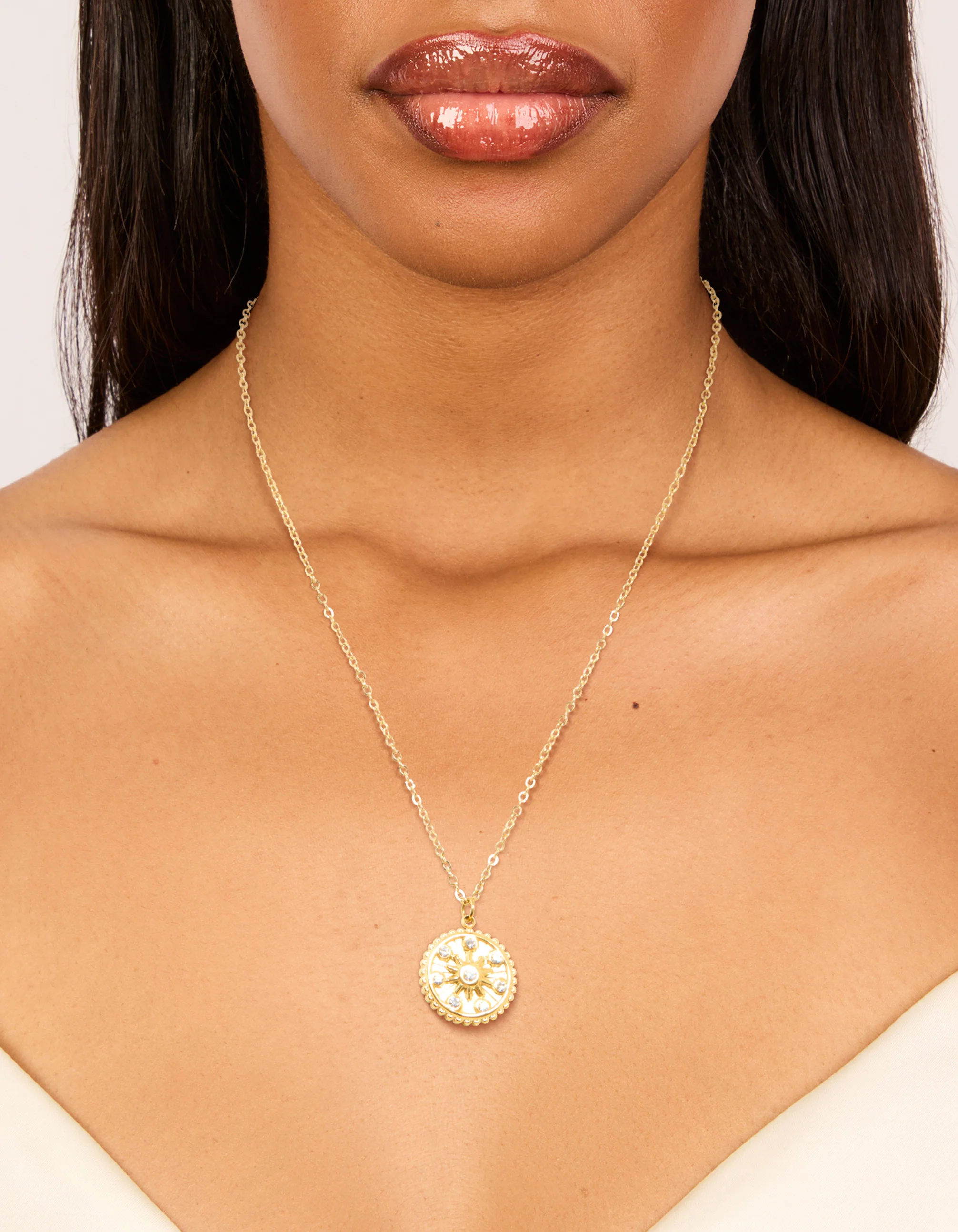 Waterproof Gold Plated Diamante Detail Sundial Pendant Necklace - Image 2