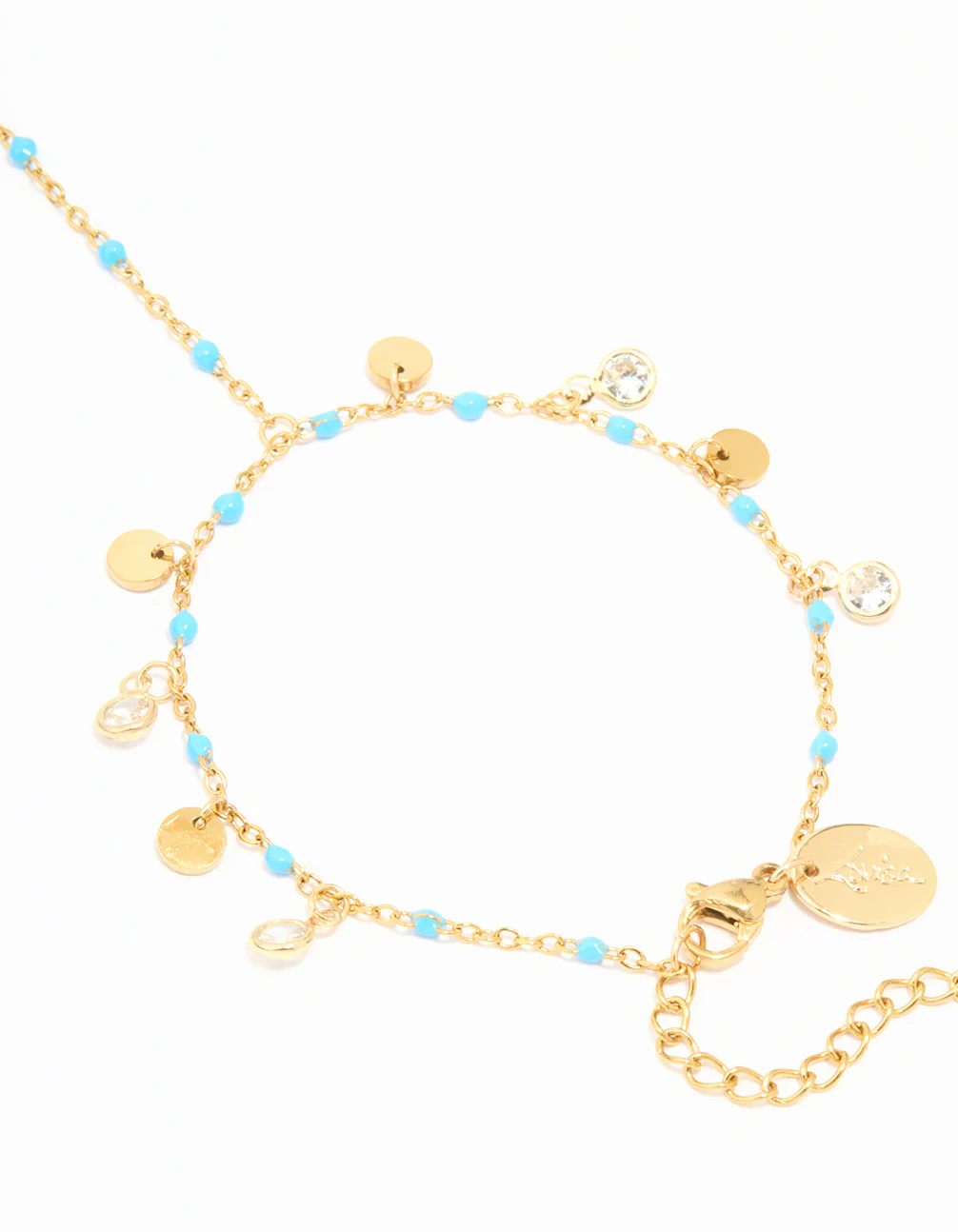 Waterproof Gold Plated Stainless Steel Blue Bead & Disc Hand Chain - Image 3