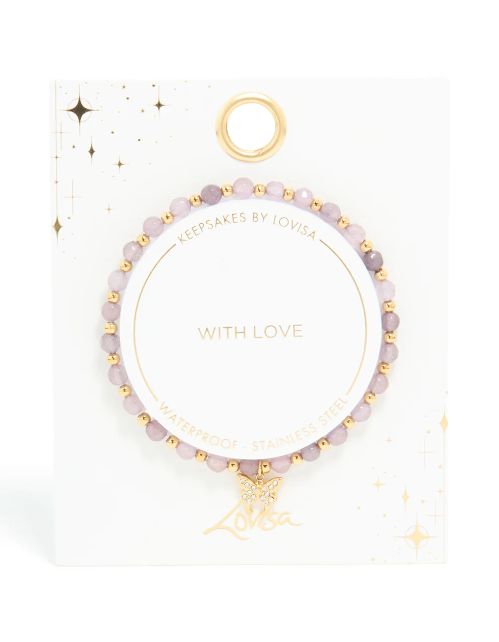 Waterproof Gold Plated Stainless Steel Amethyst Semi Precious Stone Butterfly Stretch Bracelet - Image 5