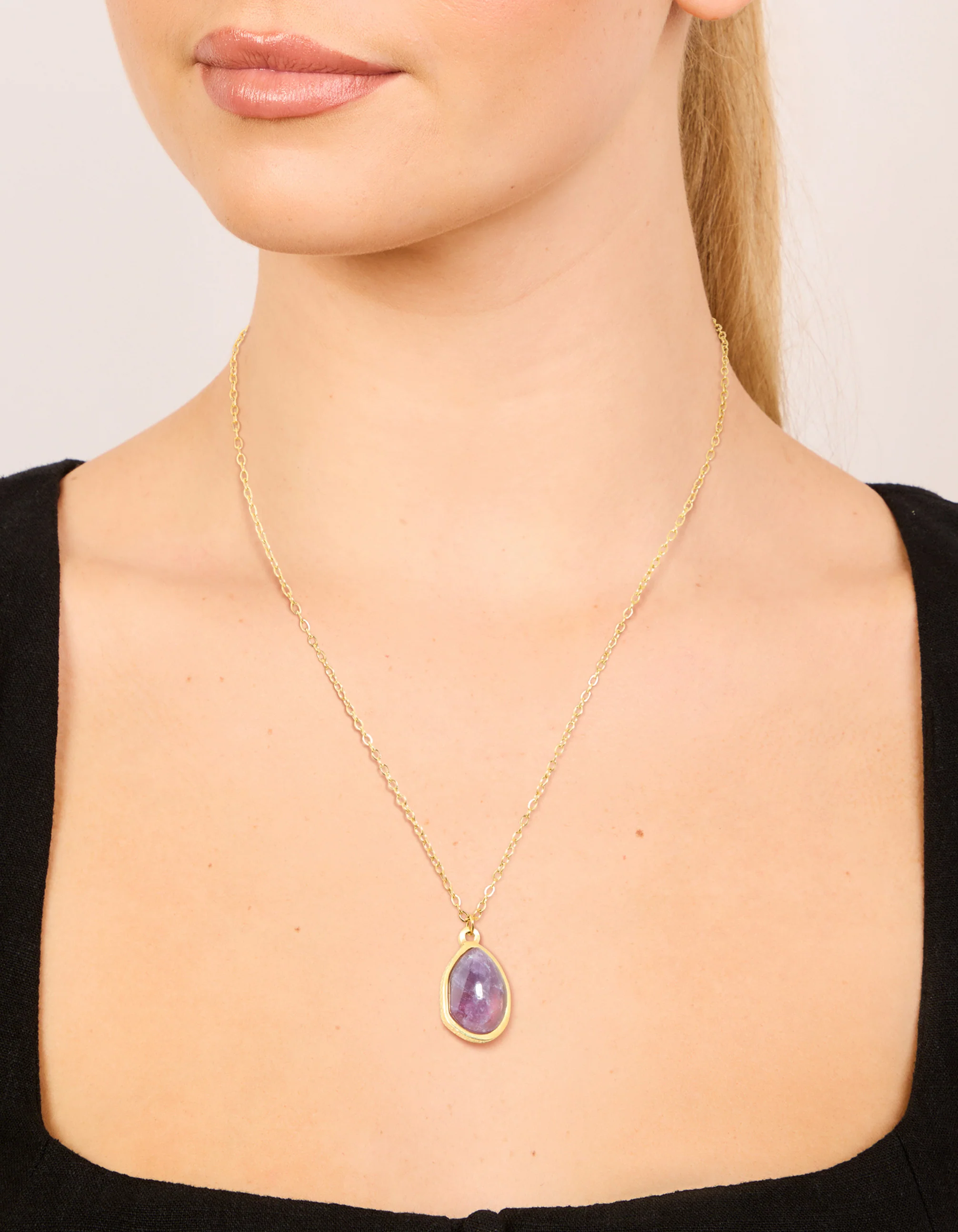 Waterproof Gold Plated Stainless Steel Amethyst Semi Precious Stone Pendant Necklace - Image 4