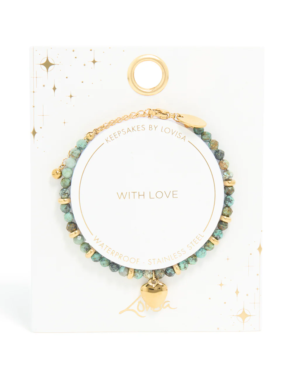 Waterproof Gold Plated Stainless Steel Aqua Semi Precious Stone Chunky Heart Bracelet - Image 5