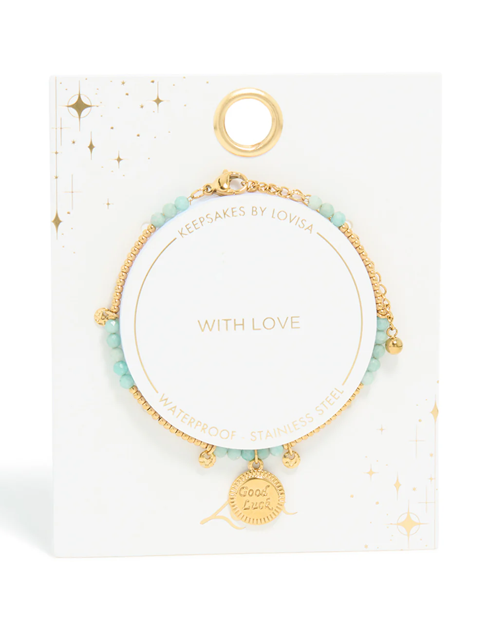 Waterproof Gold Plated Stainless Steel Aquamarine Semi Precious Lucky Bracelet - Image 5