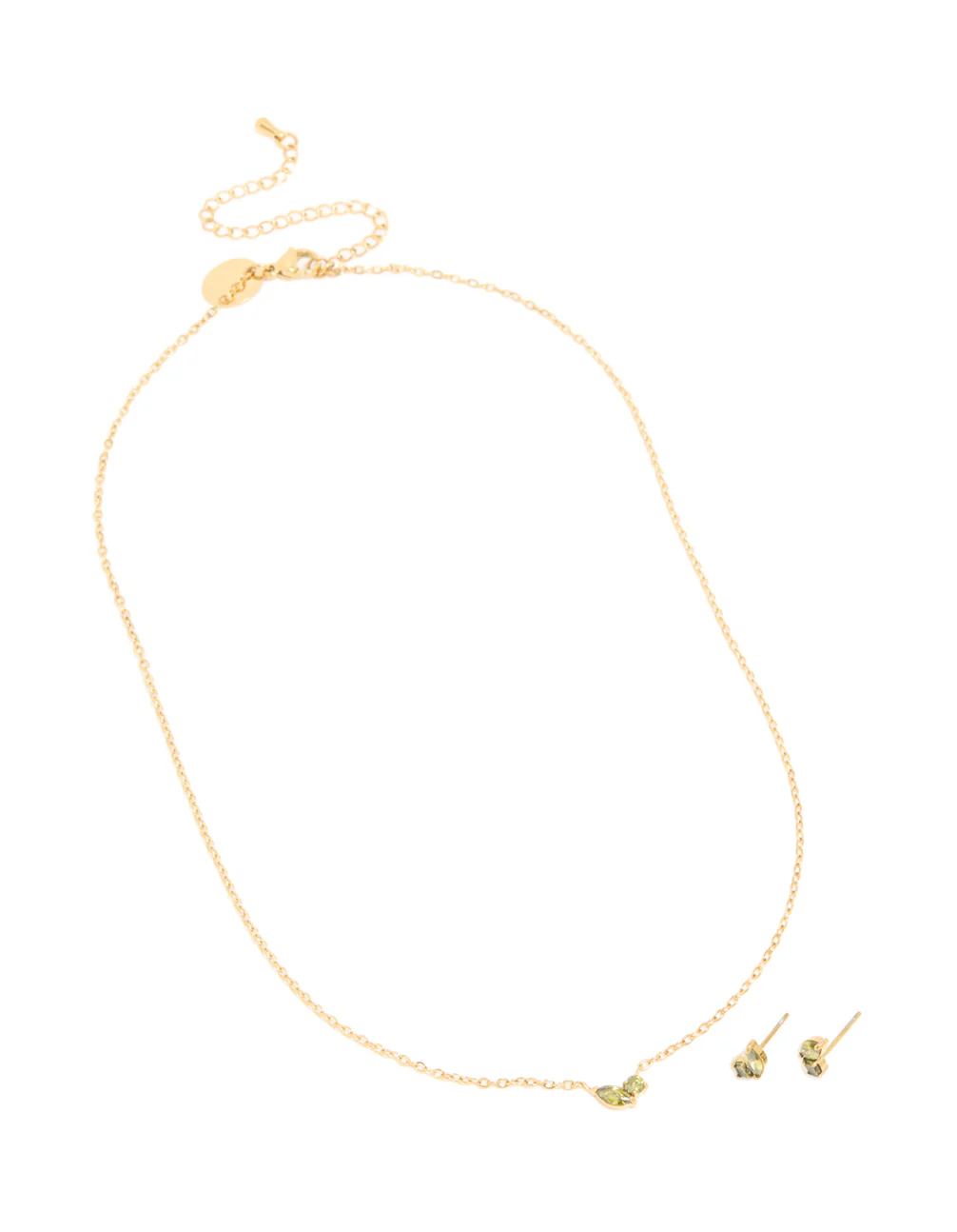 Waterproof Gold Plated Stainless Steel August Light Green Cubic Zirconia Birthstone Necklace & Earrings Set - Image 2