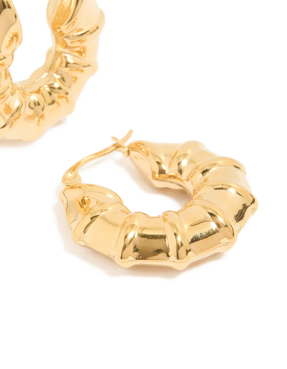 Waterproof Gold Plated Stainless Steel Barrel Detail Hoop Earrings - Image 3