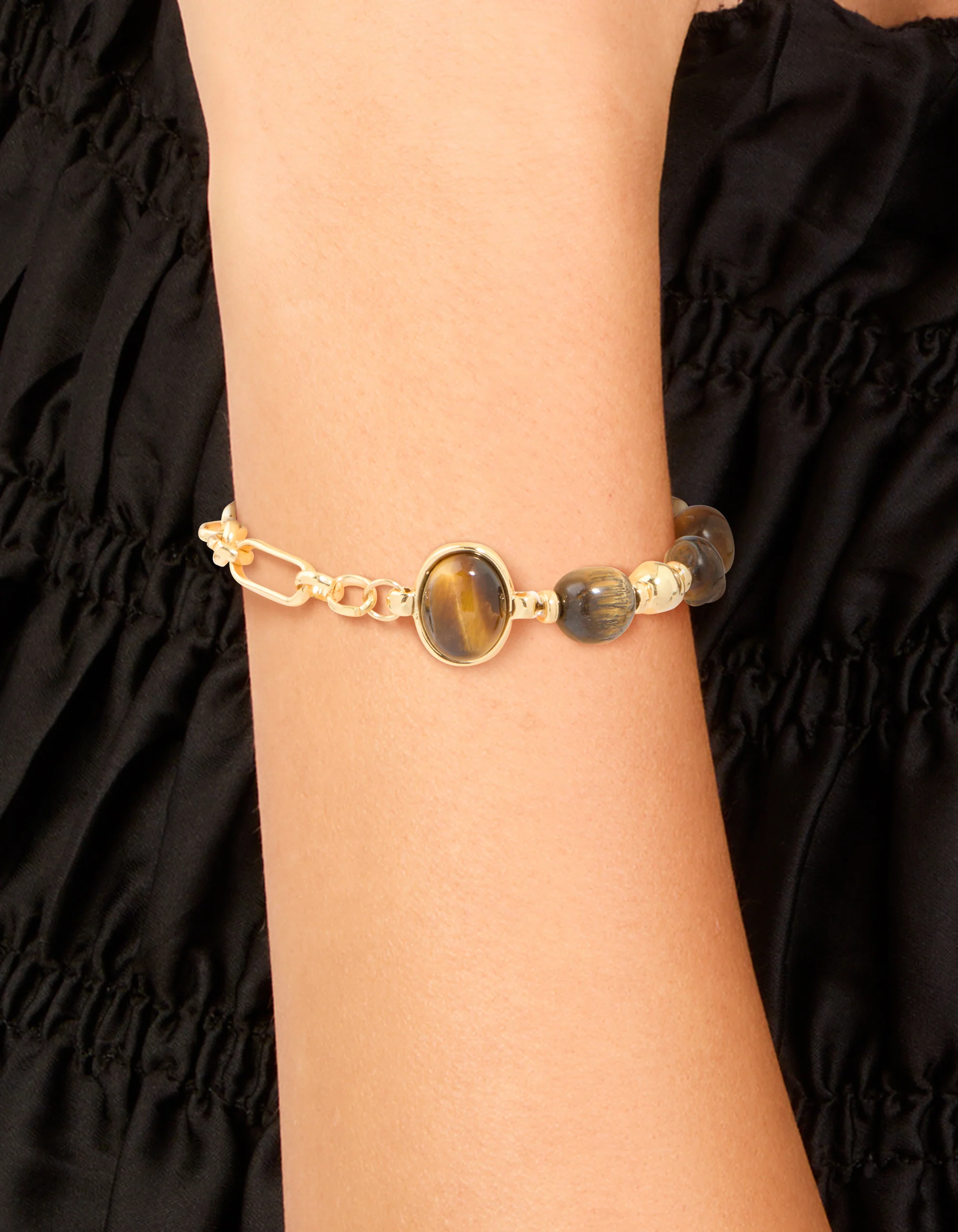 Waterproof Gold Plated Stainless Steel Bead & Tigers Eye Semi Precious Stone Beads Bracelet - Image 2