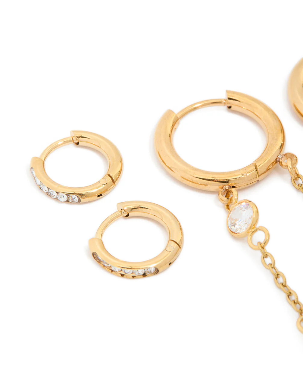 Waterproof Gold Plated Stainless Steel Bezel Clicker & Chain Earrings Stacking Pack - Image 2