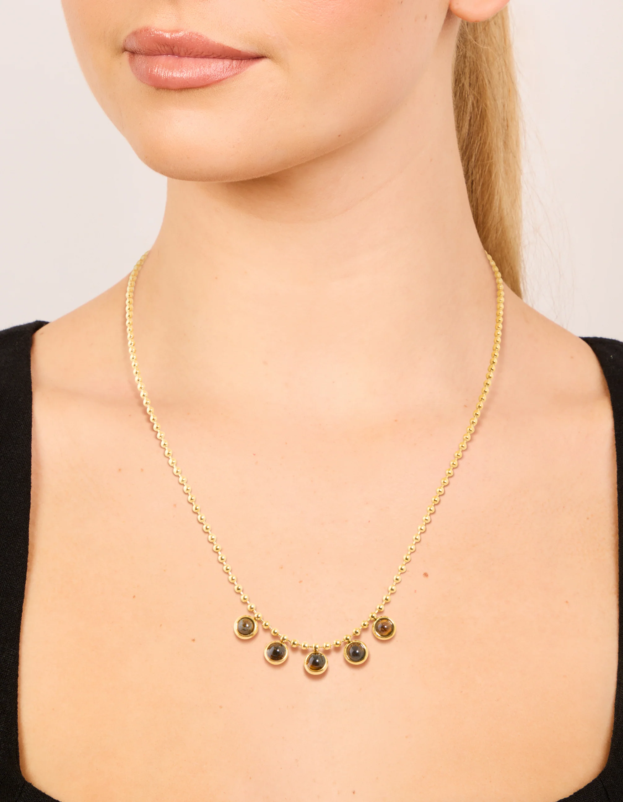 Waterproof Gold Plated Stainless Steel Bezel Tiger's Eye Semi Precious Stone Necklace - Image 2