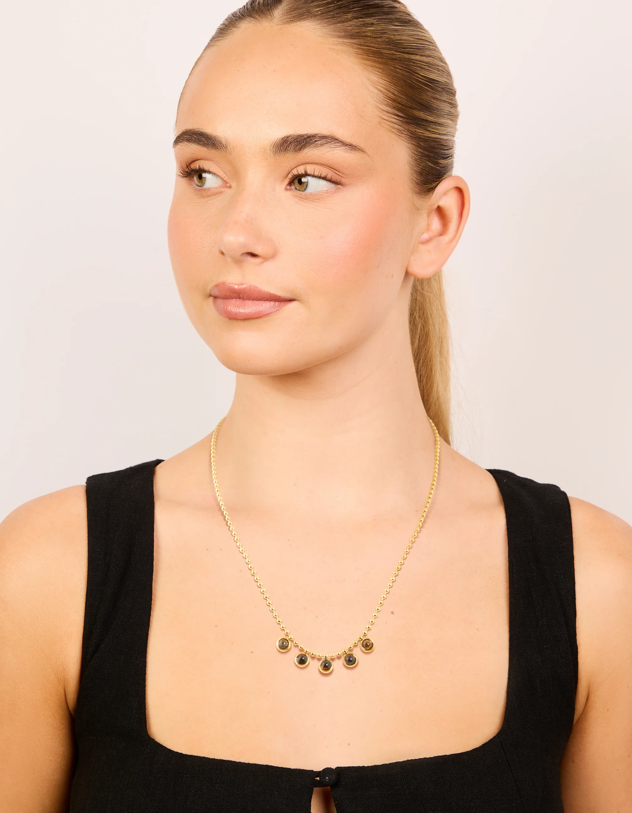 Waterproof Gold Plated Stainless Steel Bezel Tiger's Eye Semi Precious Stone Necklace - Image 3
