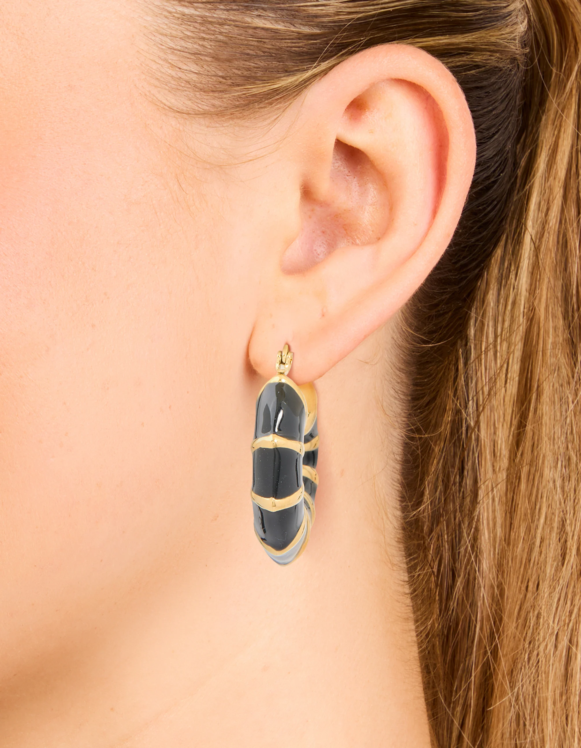 Waterproof Gold Plated Stainless Steel Black Enamel Bamboo Hoop Earrings - Image 2