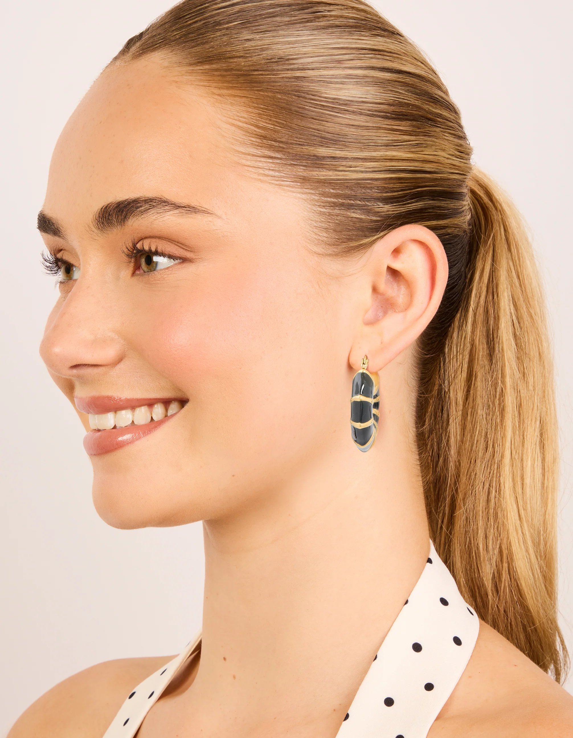 Waterproof Gold Plated Stainless Steel Black Enamel Bamboo Hoop Earrings - Image 3