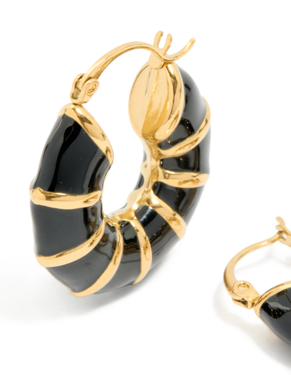 Waterproof Gold Plated Stainless Steel Black Enamel Bamboo Hoop Earrings - Image 4