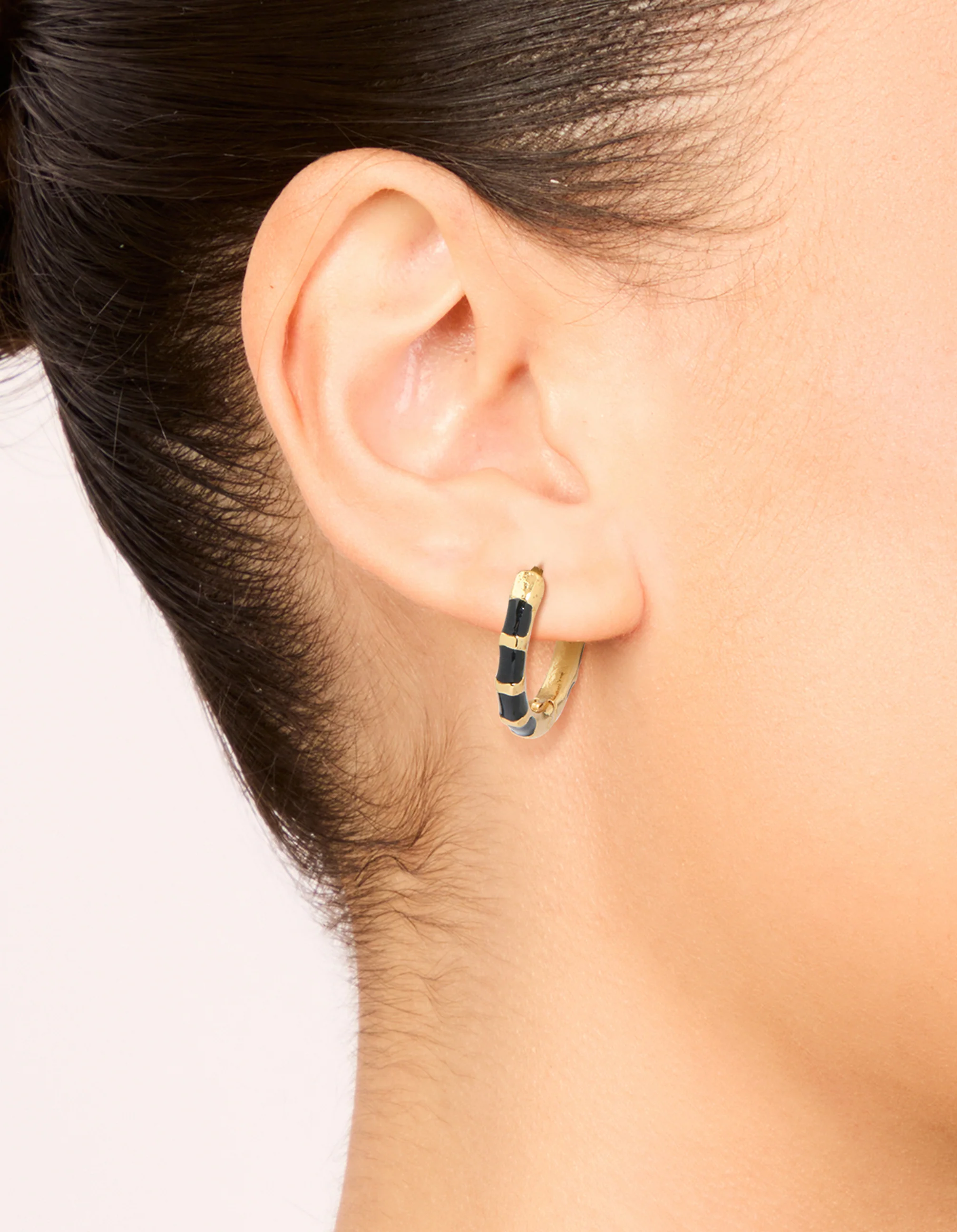 Waterproof Gold Plated Stainless Steel Black Enamel Bamboo Huggie Earrings - Image 2
