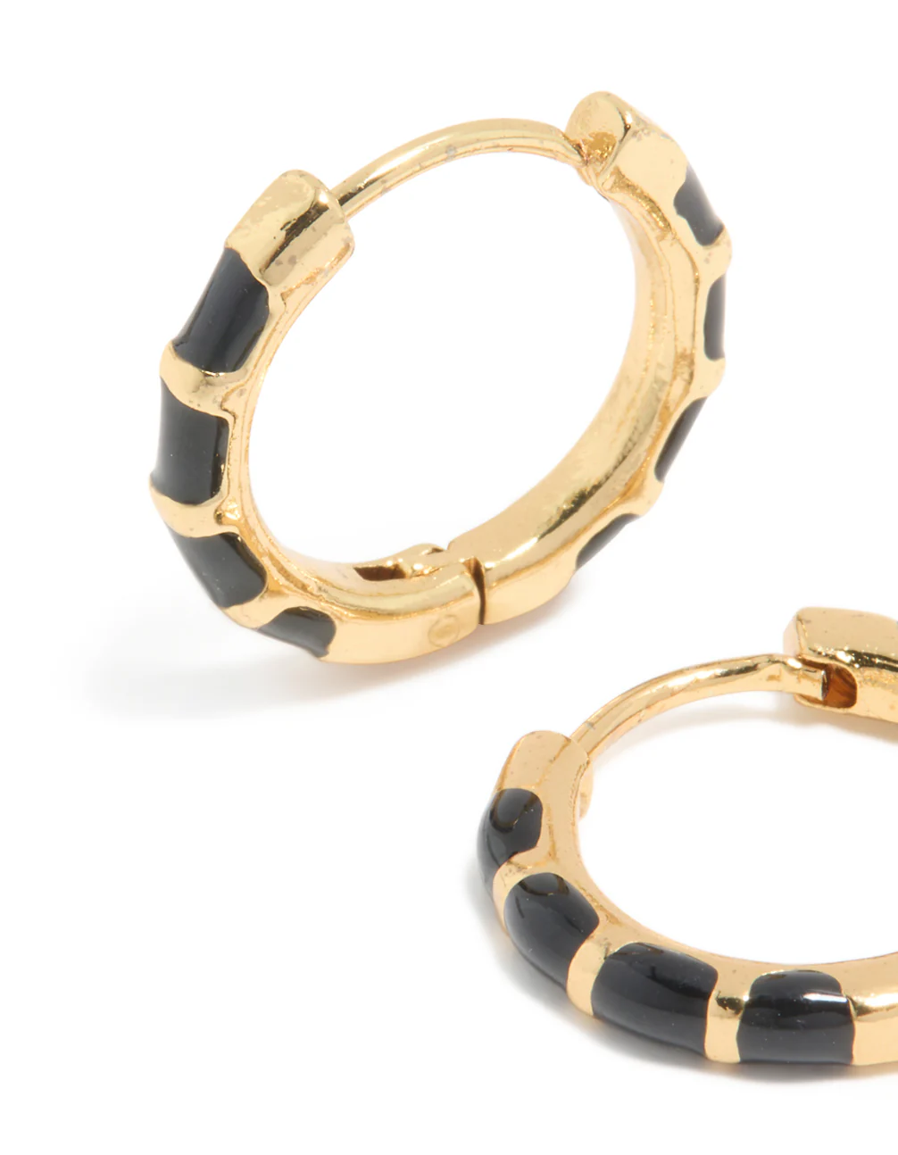 Waterproof Gold Plated Stainless Steel Black Enamel Bamboo Huggie Earrings - Image 4