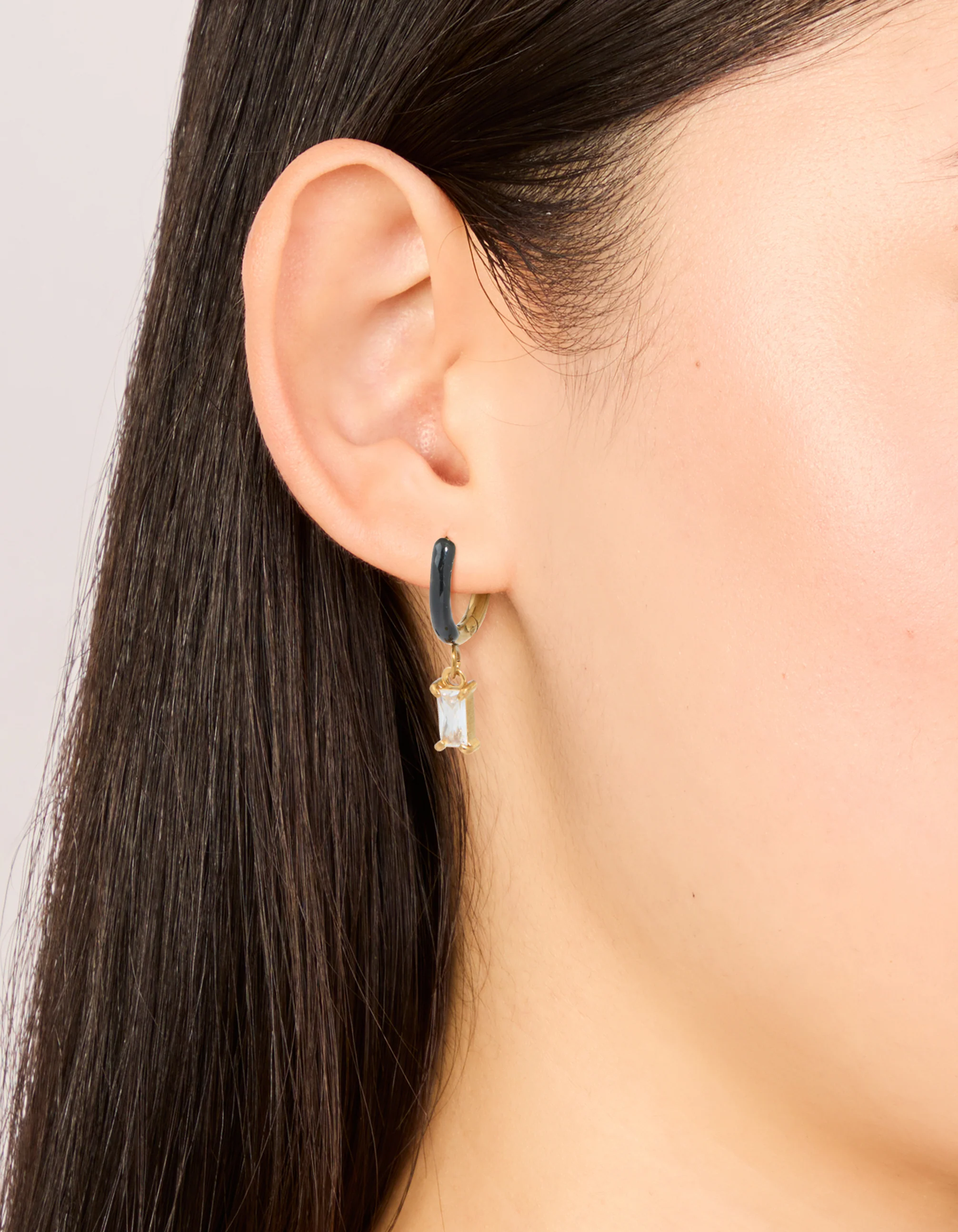 Waterproof Gold Plated Stainless Steel Black Enamel Cubic Zirconia Charm Huggie Earrings - Image 2