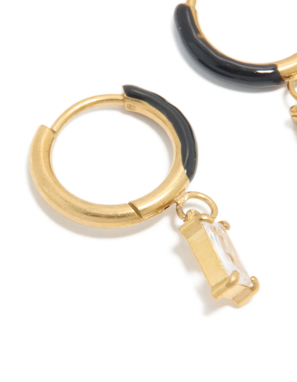 Waterproof Gold Plated Stainless Steel Black Enamel Cubic Zirconia Charm Huggie Earrings - Image 4
