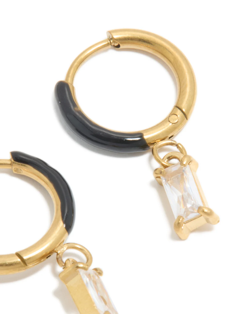 Waterproof Gold Plated Stainless Steel Black Enamel Cubic Zirconia Charm Huggie Earrings - Image 5