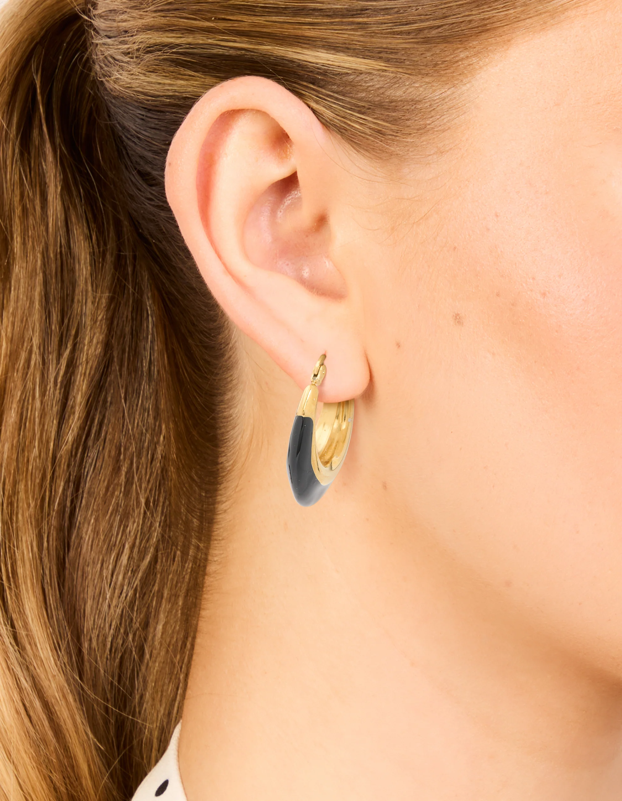 Waterproof Gold Plated Stainless Steel Black Enamel Short Hoop Earrings - Image 2