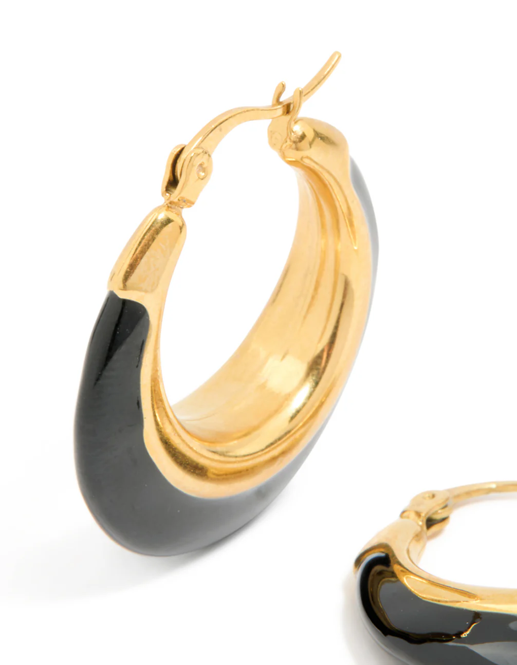 Waterproof Gold Plated Stainless Steel Black Enamel Short Hoop Earrings - Image 4