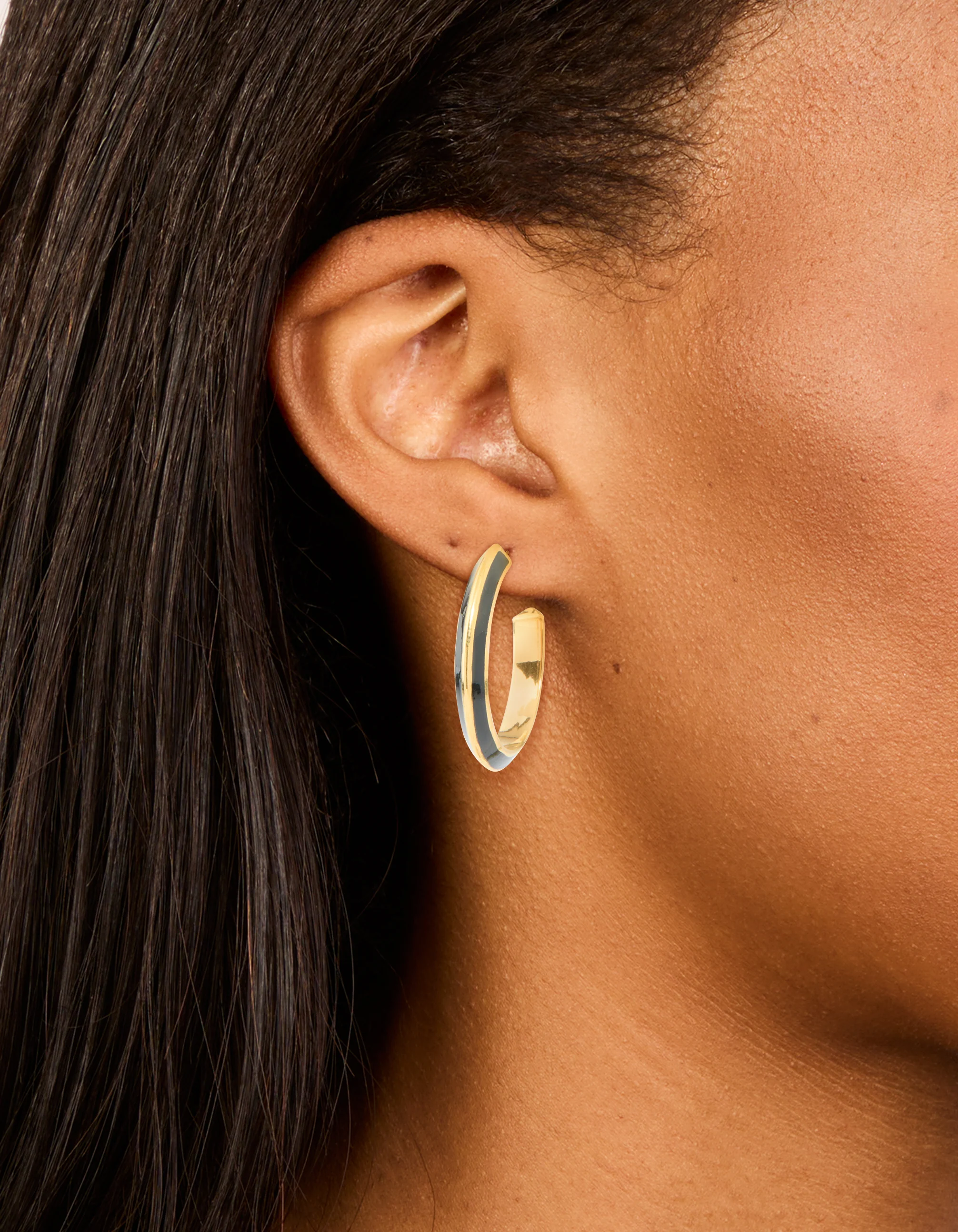Waterproof Gold Plated Stainless Steel Black Enamel Stripe Hoop Earrings - Image 2