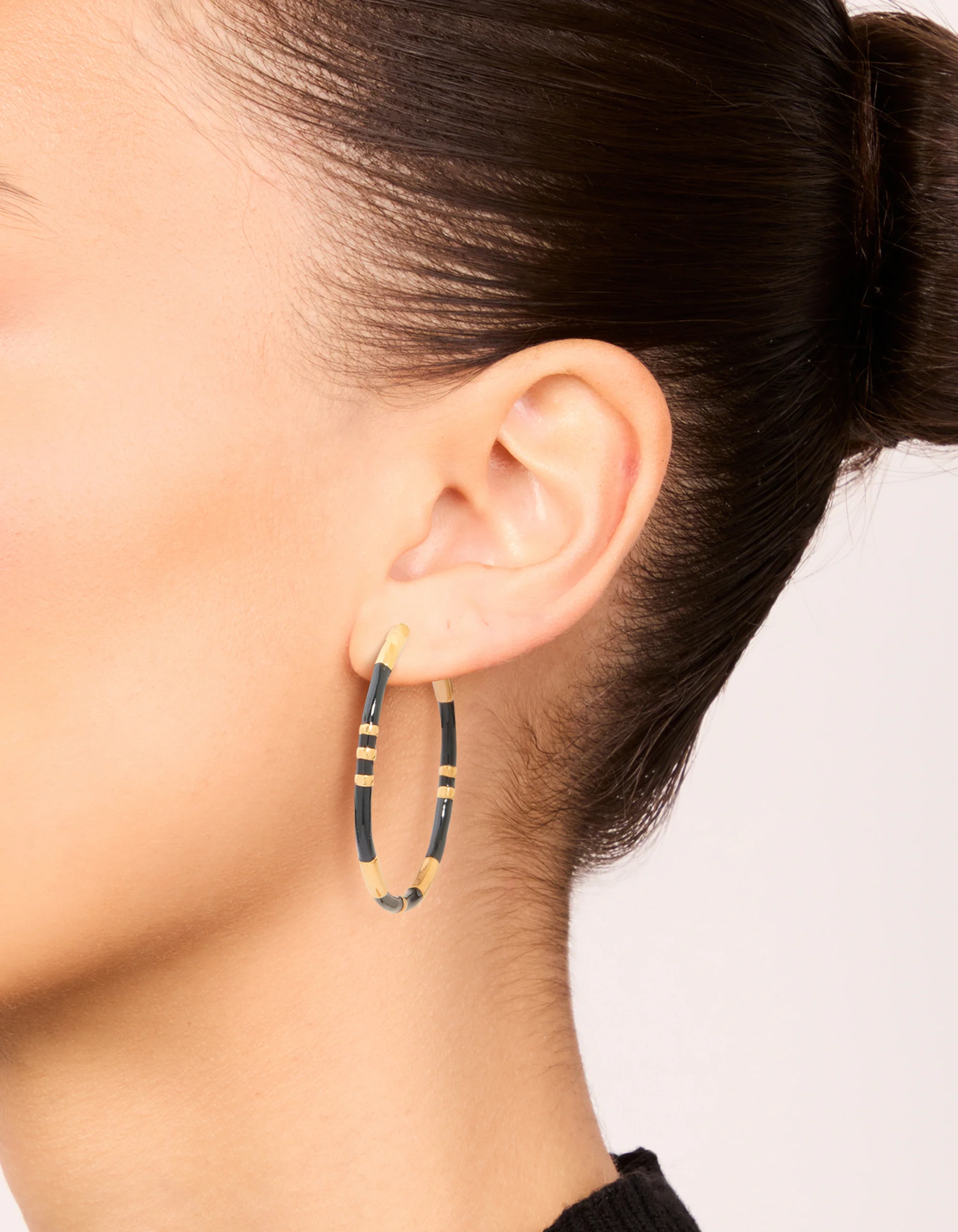 Waterproof Gold Plated Stainless Steel Black Enamel Striped Hoop Earrings - Image 2