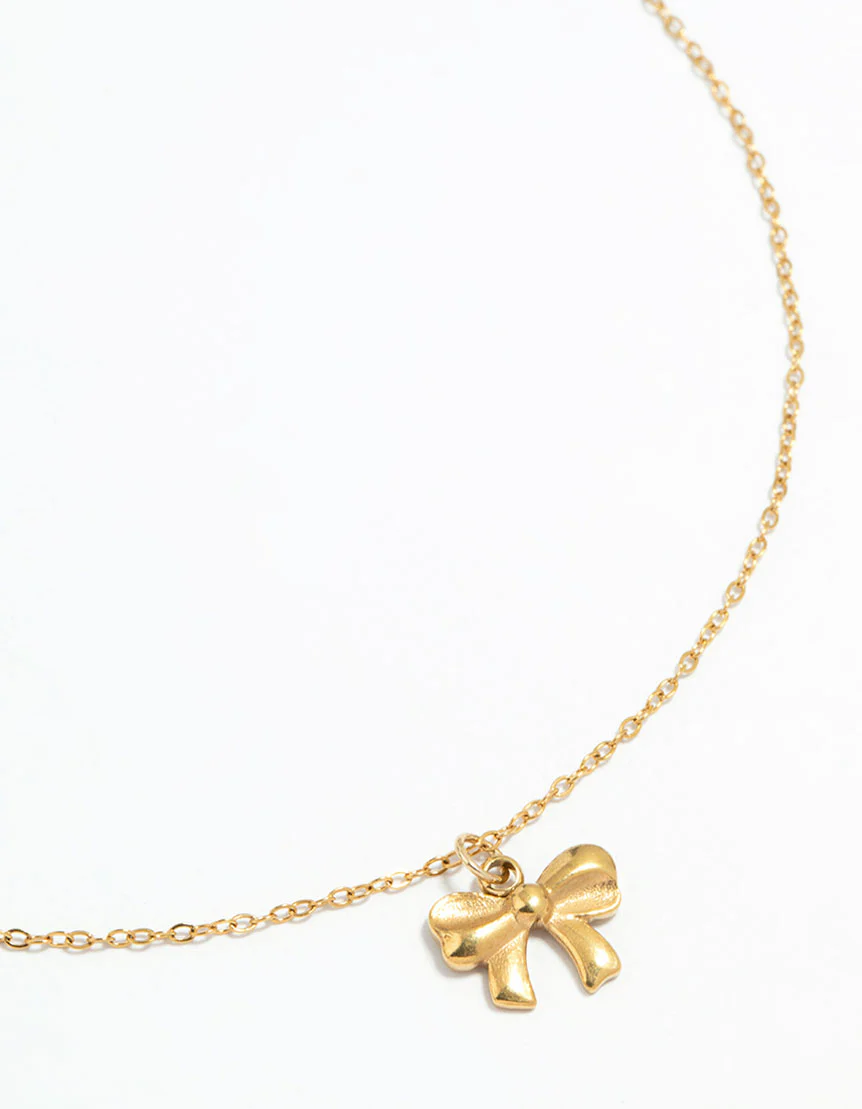 Waterproof Gold Plated Stainless Steel Bow Pendant Necklace - Image 2