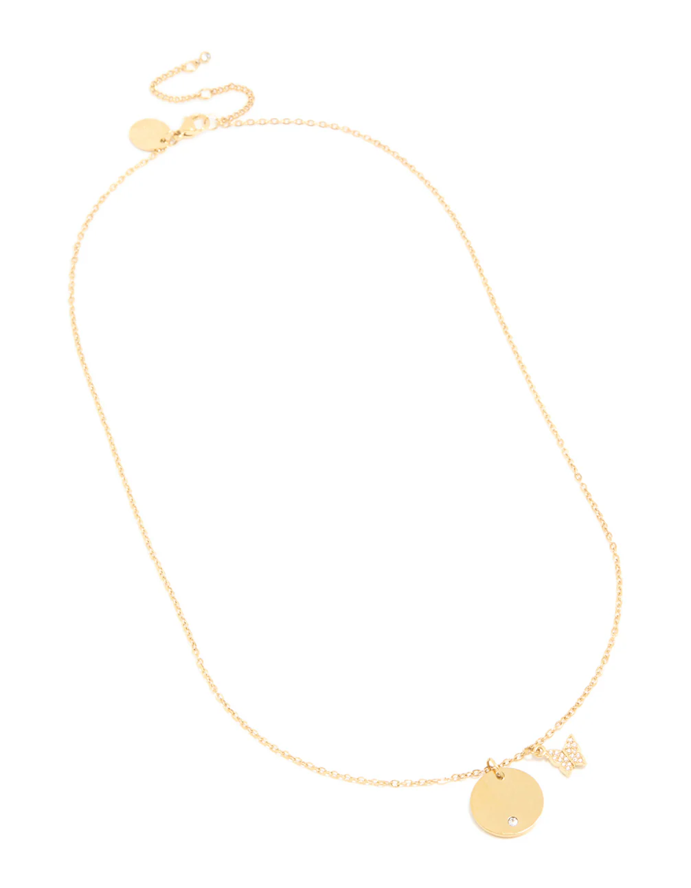 Waterproof Gold Plated Stainless Steel Circle & Diamante Butterfly Pendant Necklace - Image 2