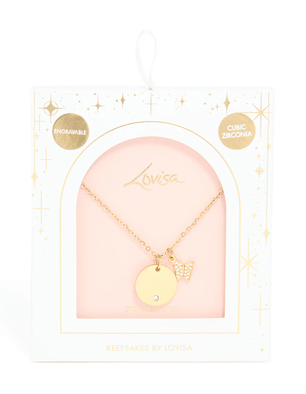 Waterproof Gold Plated Stainless Steel Circle & Diamante Butterfly Pendant Necklace - Image 3