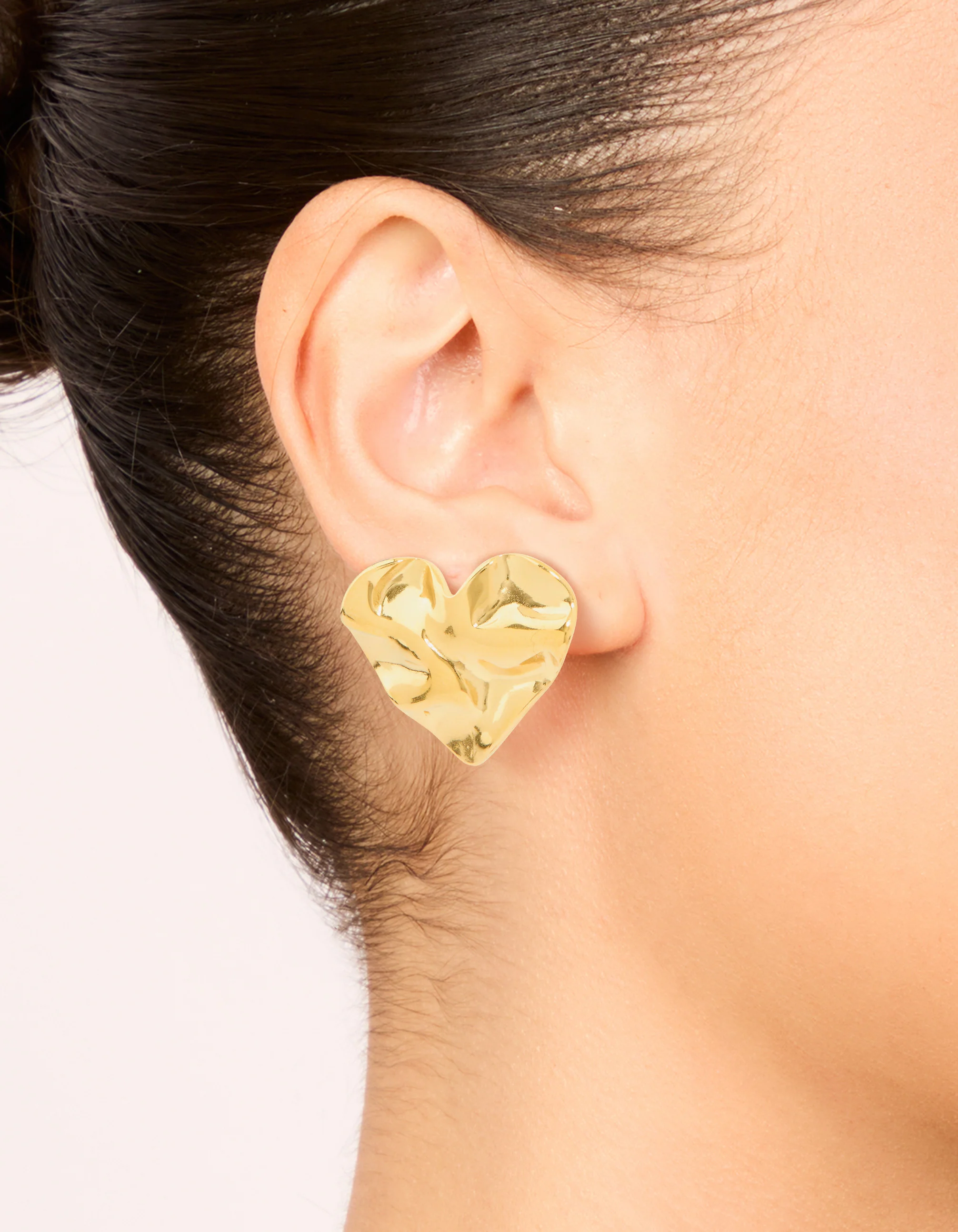 Waterproof Gold Plated Stainless Steel Crinkle Heart Stud Earrings - Image 2