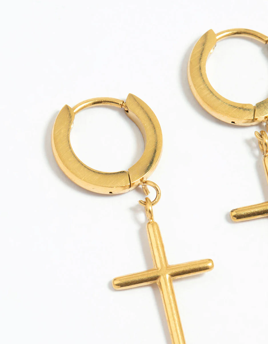 Waterproof Gold Plated Stainless Steel Cross Hoop Earrings 2-Pack - Image 4