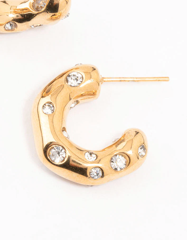 Waterproof Gold Plated Stainless Steel Crystal Molten Hoop Earrings - Image 3