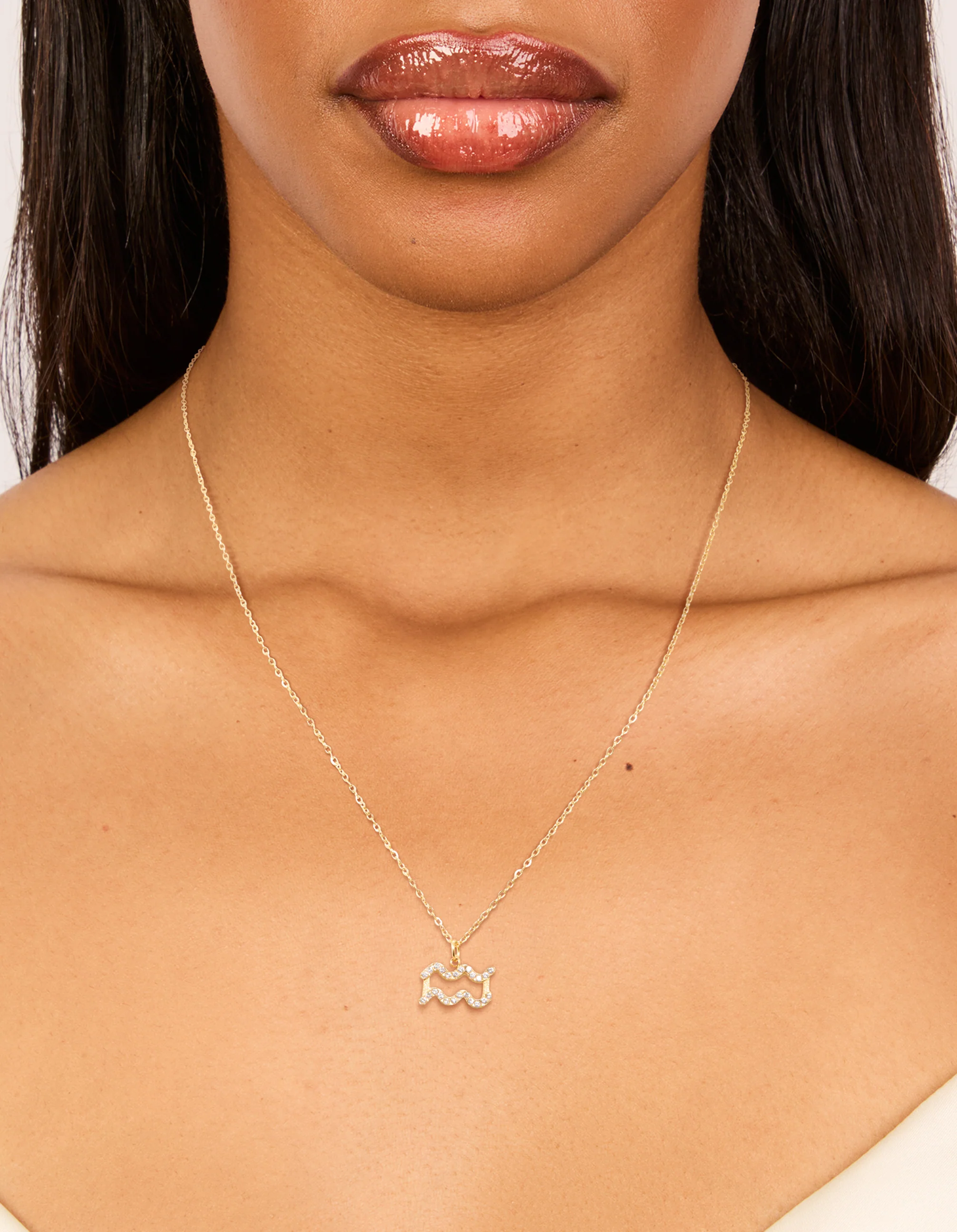Waterproof Gold Plated Stainless Steel Cubic Zirconia Aquarius Zodiac Sign Necklace - Image 2