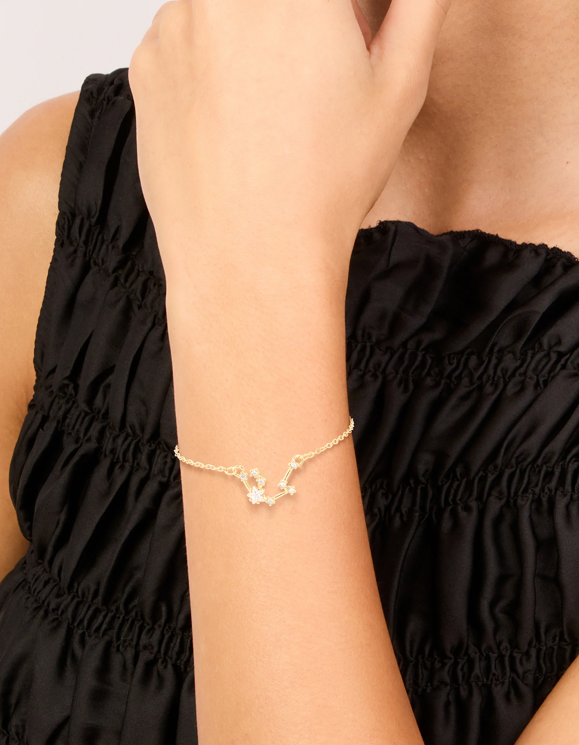 Waterproof Gold Plated Stainless Steel Cubic Zirconia Aquarius Zodiac Sign Bracelet - Image 2