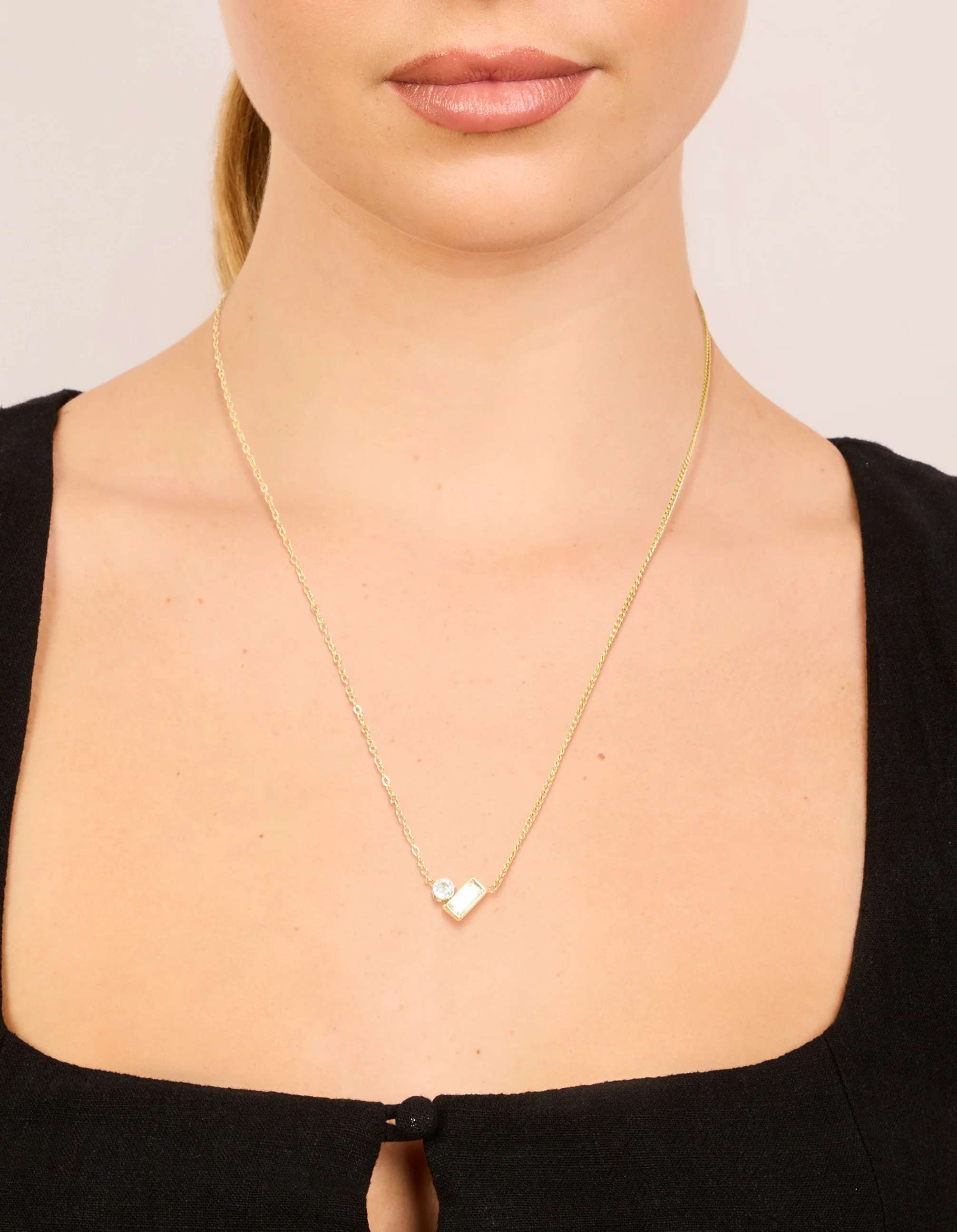 Waterproof Gold Plated Stainless Steel Cubic Zirconia Baguette & Round Pendant Necklace - Image 2