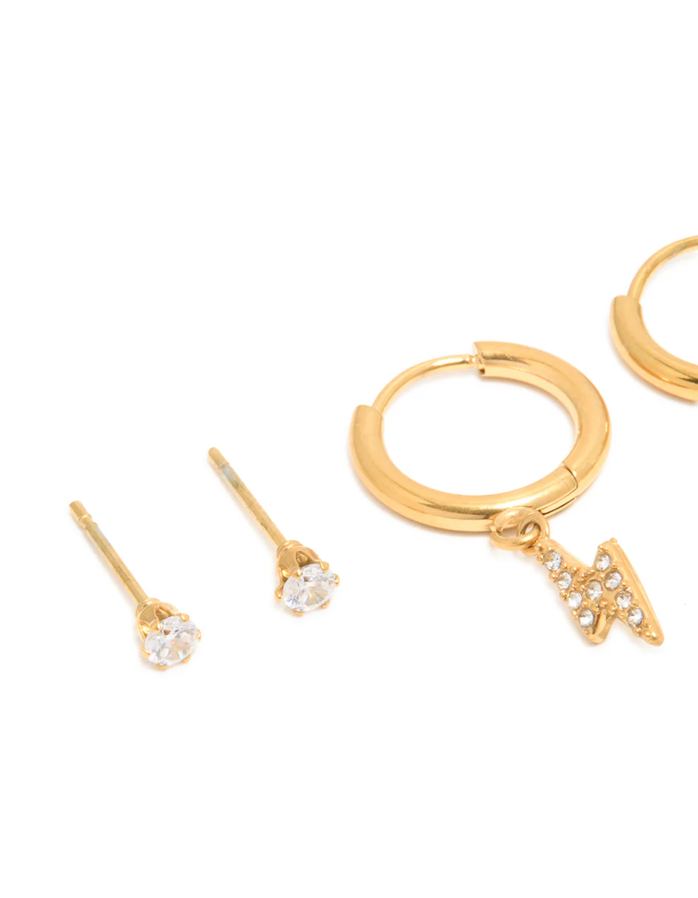 Waterproof Gold Plated Stainless Steel Cubic Zirconia Bolt Stacker Earrings 3-Pack - Image 2