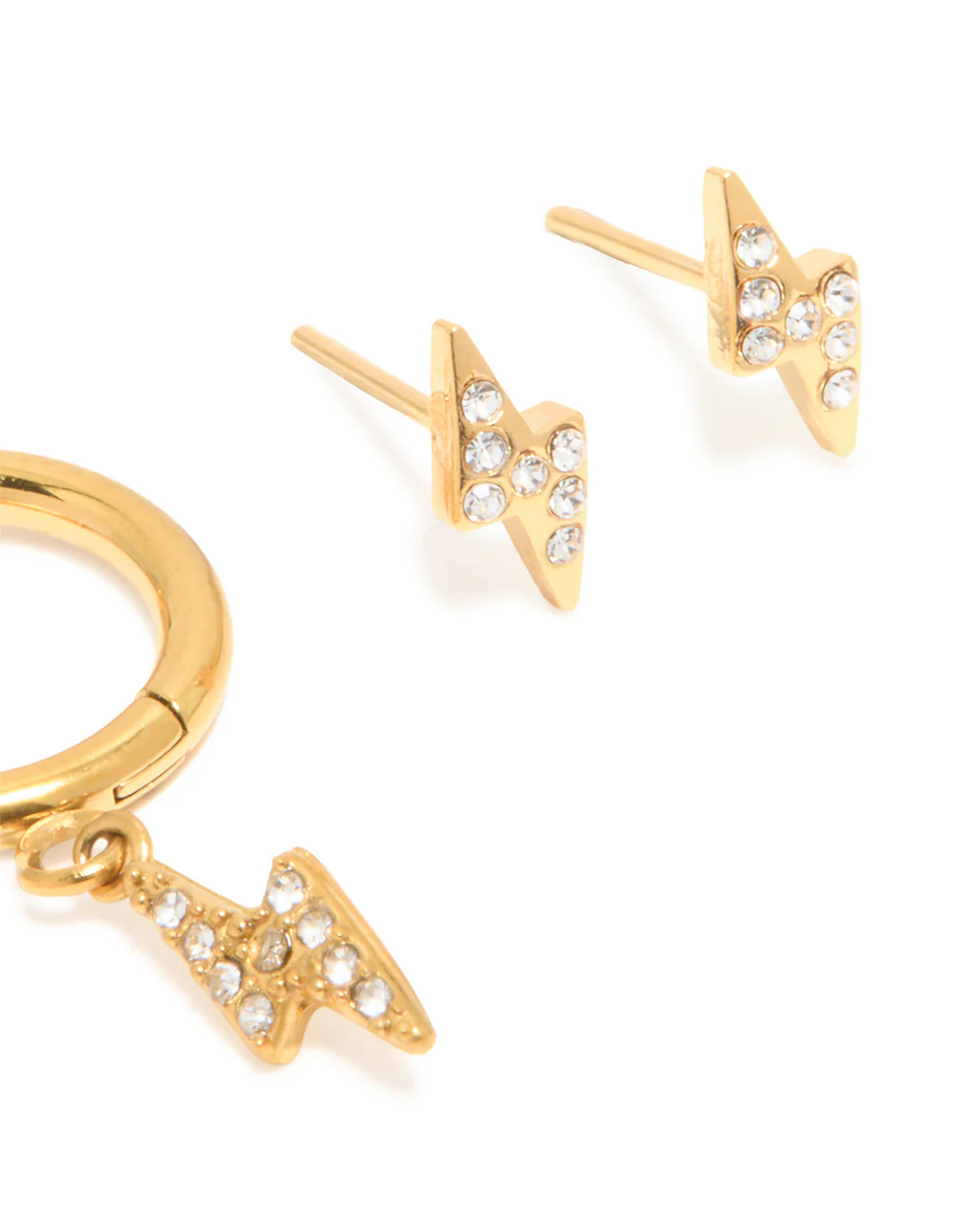 Waterproof Gold Plated Stainless Steel Cubic Zirconia Bolt Stacker Earrings 3-Pack - Image 3