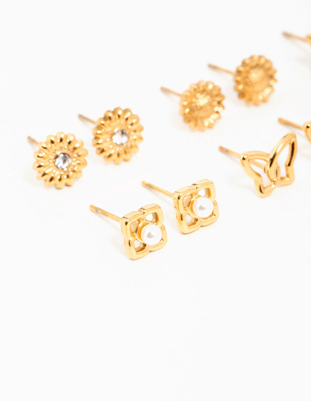 Waterproof Gold Plated Stainless Steel Cubic Zirconia Butterfly Stud Earrings 6-Pack - Image 2