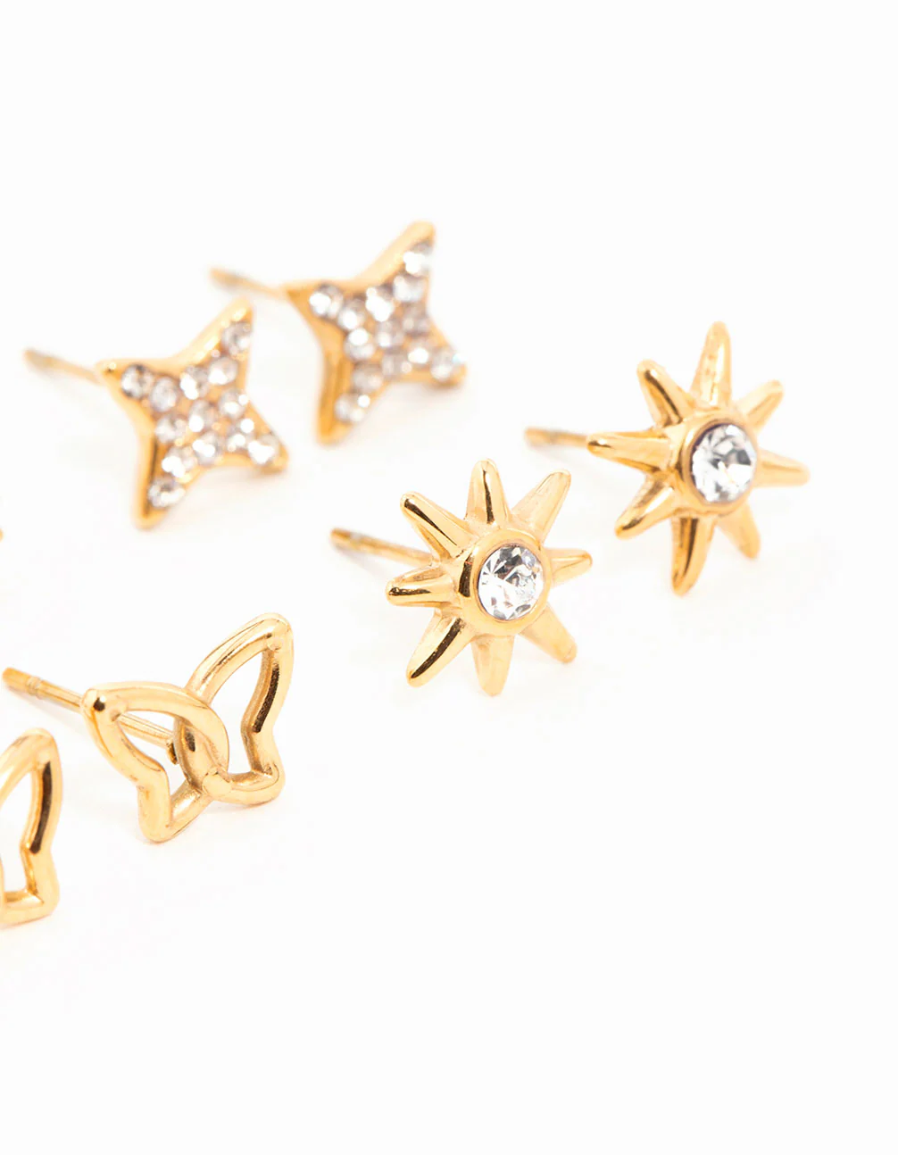 Waterproof Gold Plated Stainless Steel Cubic Zirconia Butterfly Stud Earrings 6-Pack - Image 3