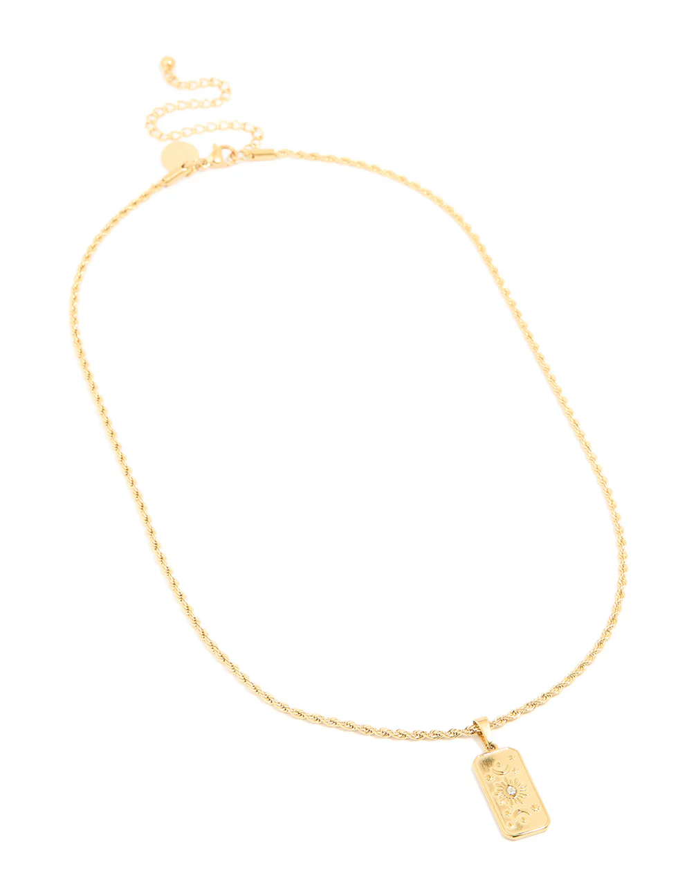 Waterproof Gold Plated Stainless Steel Cubic Zirconia Celestial Etched Tab Necklace - Image 2