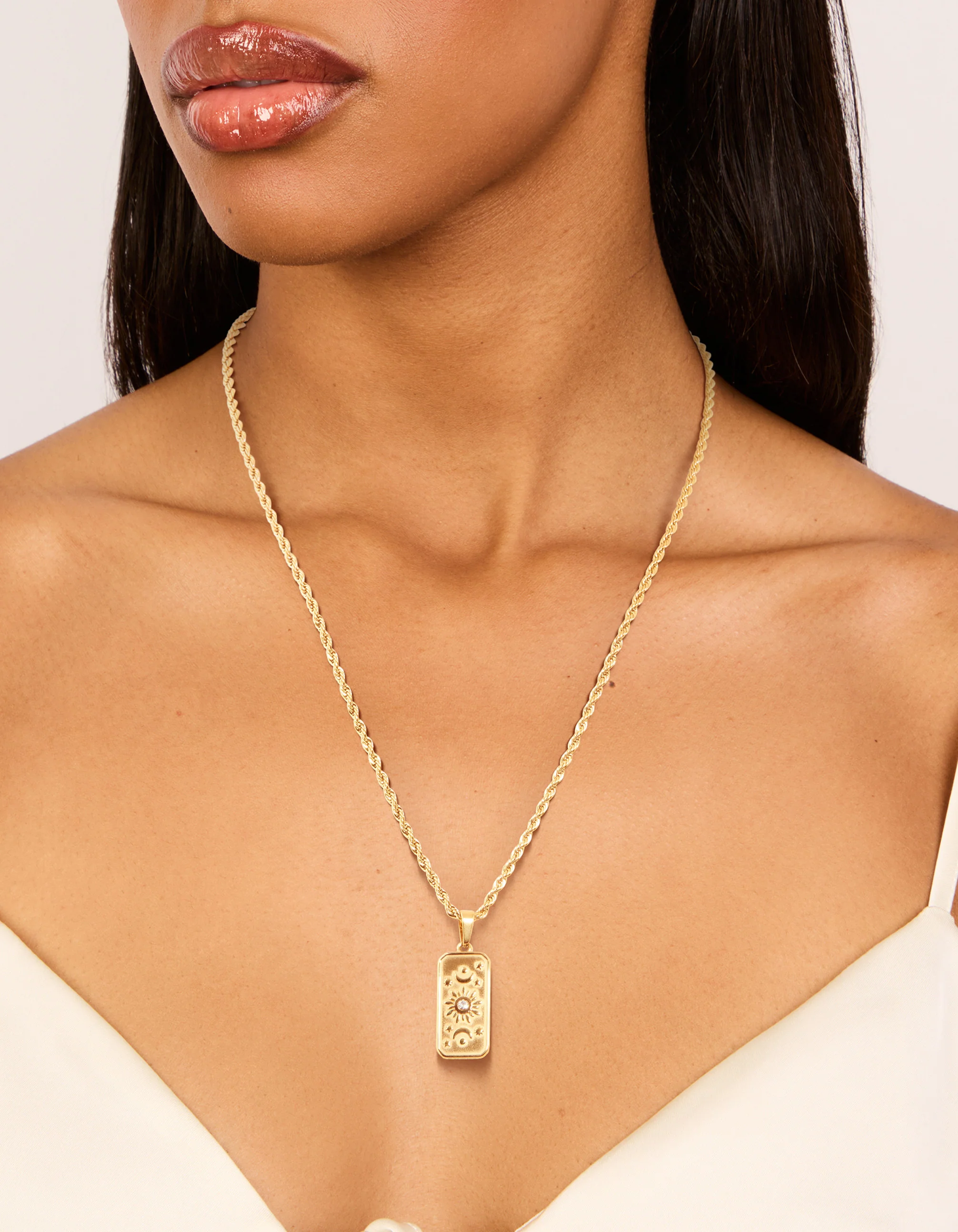 Waterproof Gold Plated Stainless Steel Cubic Zirconia Celestial Etched Tab Necklace - Image 4