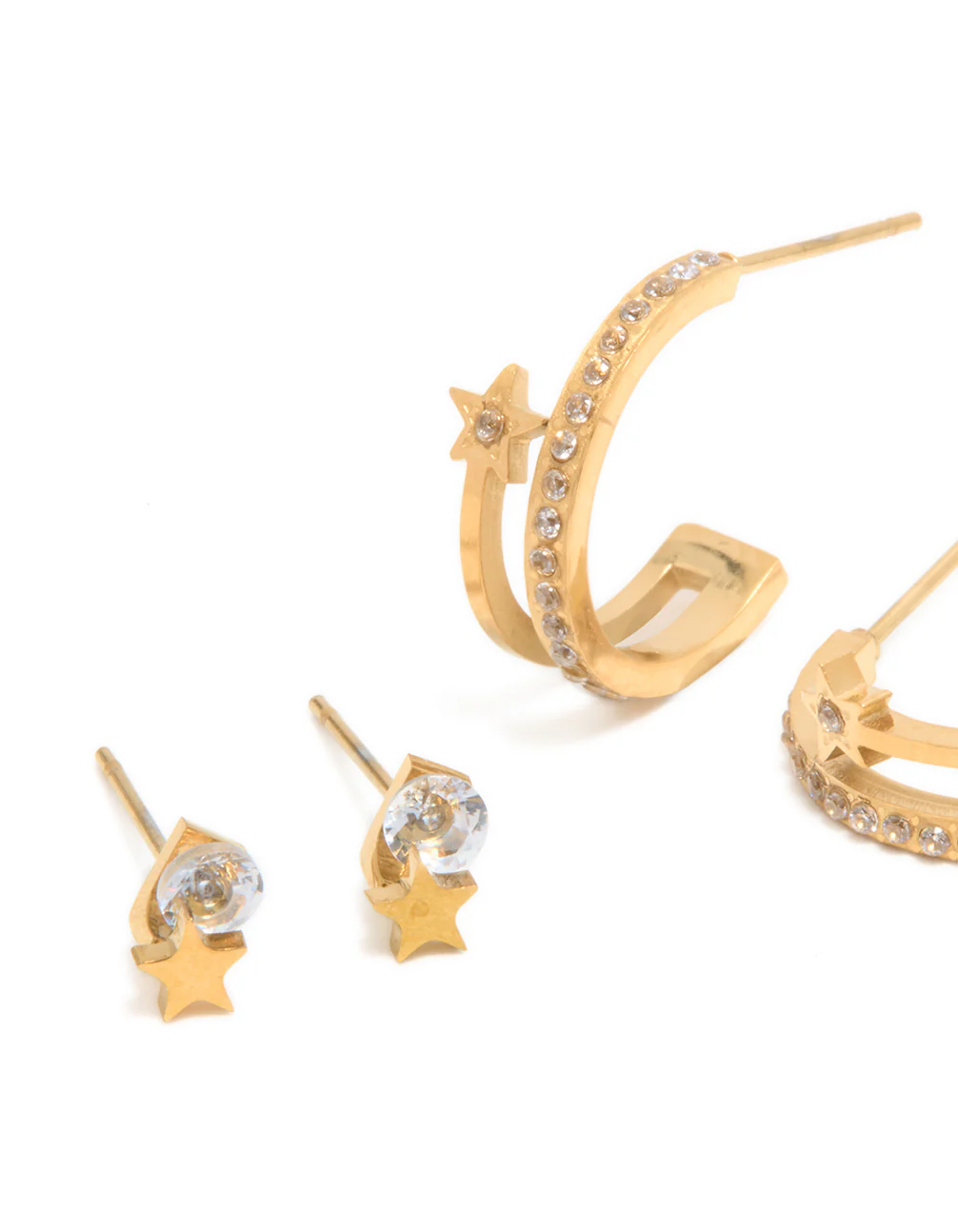 Waterproof Gold Plated Stainless Steel Cubic Zirconia Celestial Stud Earrings 3-Pack - Image 2